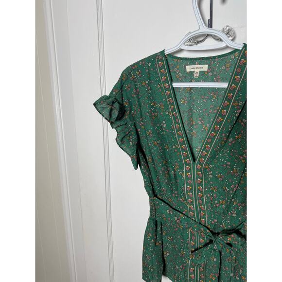 Max Studio Green Floral Ruffle Faux Wrap Short Sleeve Boho Top Blouse Medium - Picture 9 of 9